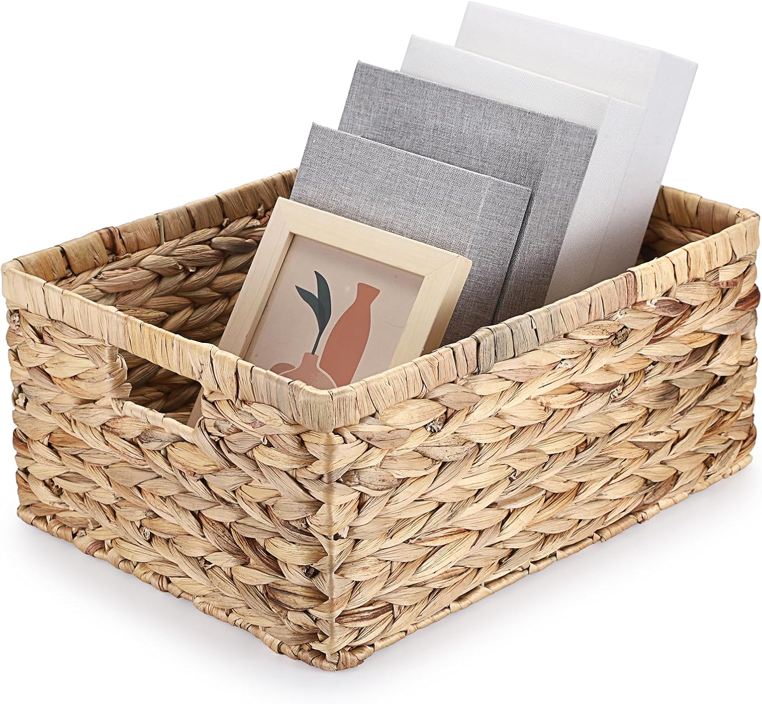 Natural Water Hyacinth Storage Basket Home Rectangular Organizer with Built-in Handles Square Shallow Bin Large Shelf Basket for Home Decor, 15.9"L x 12"W x 7.1"H
