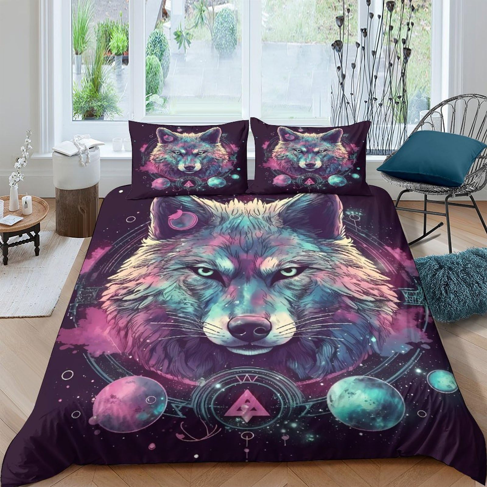 Ctjqhvkz Style-10 3D Printed Wolf Galaxy Fitted Sheet Microfiber Soft Bedroom Decor Cosmic Nebula Mattress Cover For Home Use Single（135X200cm）