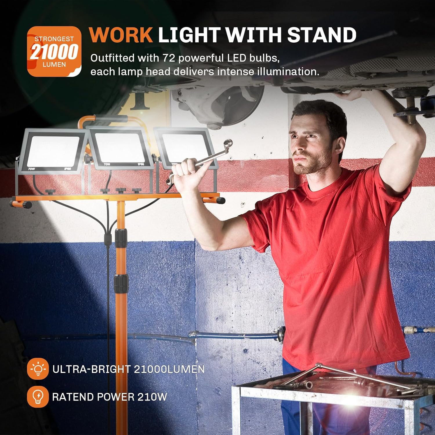 Upgraded 21000Lumen LED Work Lights with Stand - 3 Head Adjustable Work Light with 16FT Cord - IP66 Waterproof Tripod Worklights with Individual Switch for Outdoor Indoor Portable & All-round Lighting