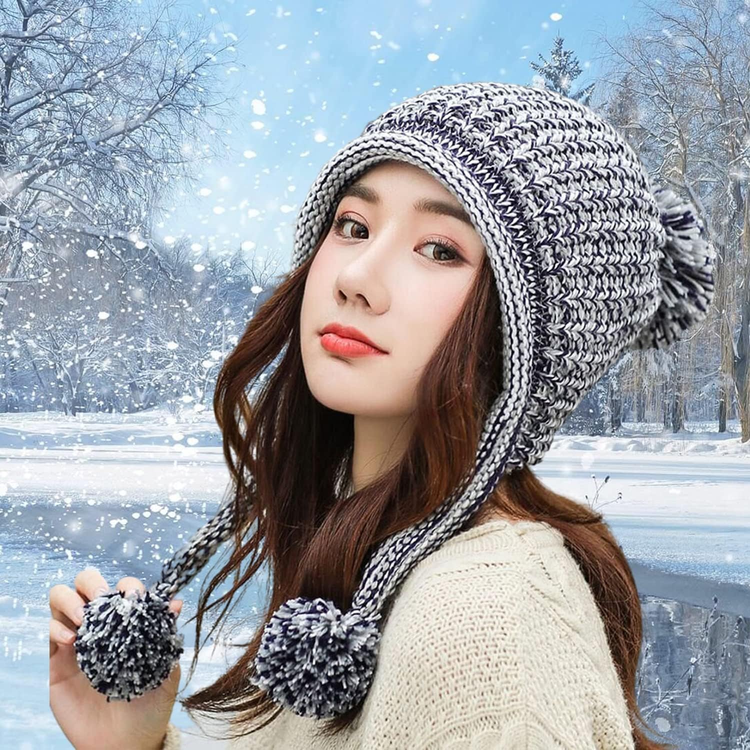 Women Winter Peruvian Cover Ears Beanie Hat Ear Flaps Sherpa Ski Snow Hats Knit Fleece Lined 3 Pom Pom - Image 4
