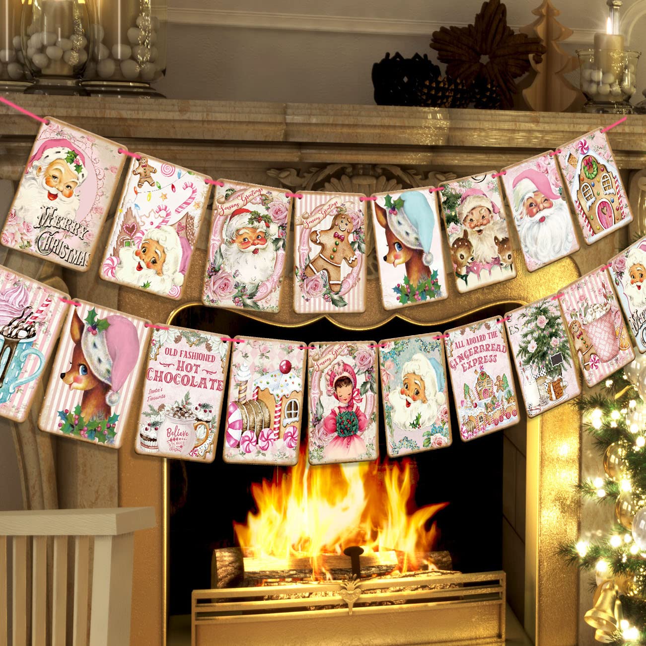 Pink Christmas Banner, Vintage Merry Christmas Garland