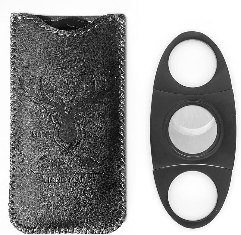 Black Stainless Steel Cigar Cutter | With Leather Case, Double Blade, Cigars Making Cutter