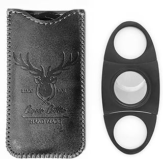 ステンレススチール シガーカッター ギロチン レザーポーチ付き ダブルブレード 正確な完璧なカット (ブラック鹿)