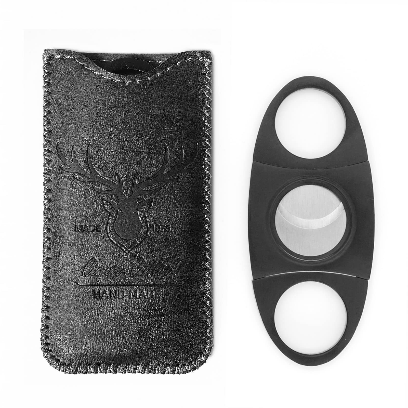 Stainless Steel Cigar Cutter Guillotine with Leather Pouch, Double Blade for a Precise Perfect Cut(Black Deer) - Black Deer