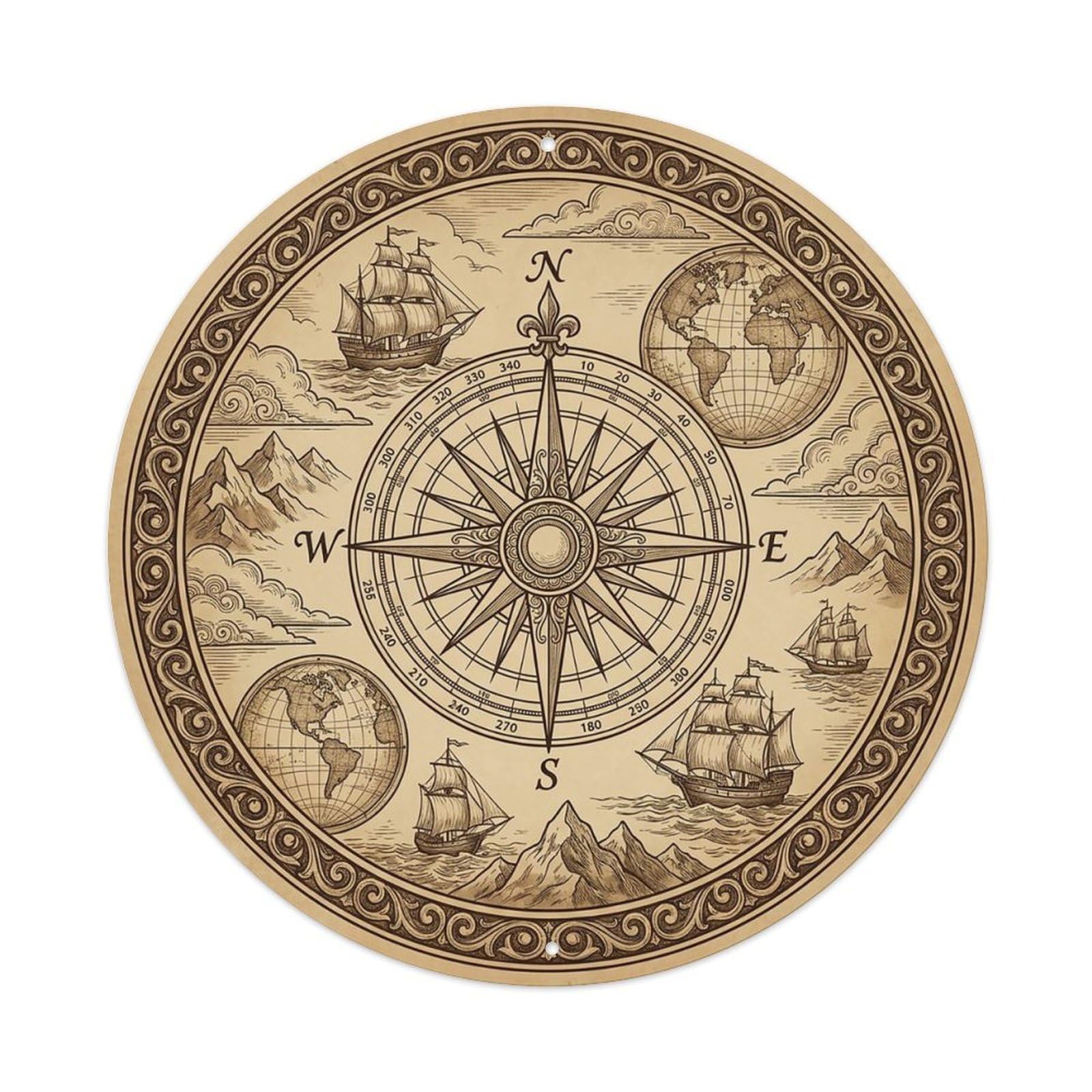 Vintage Nautical Compass World Map Headland Heritage Metal Tin Sign