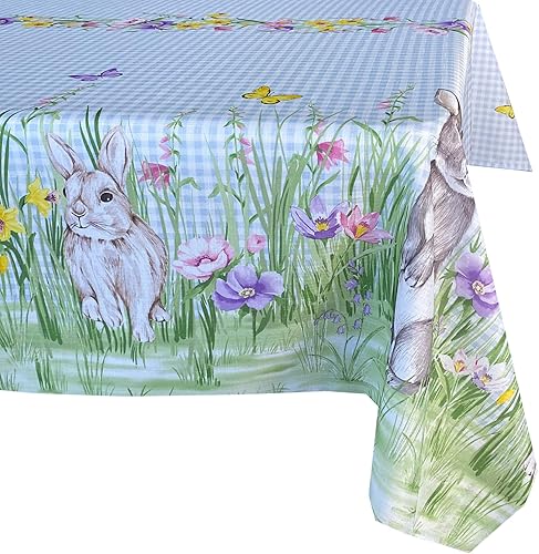 Miniatura 7 de Manteles Newbridge con diseño de Pascua, primavera, prado y conejos bordados, adorable tela de mantel con conejos y de color azul, con estampado a