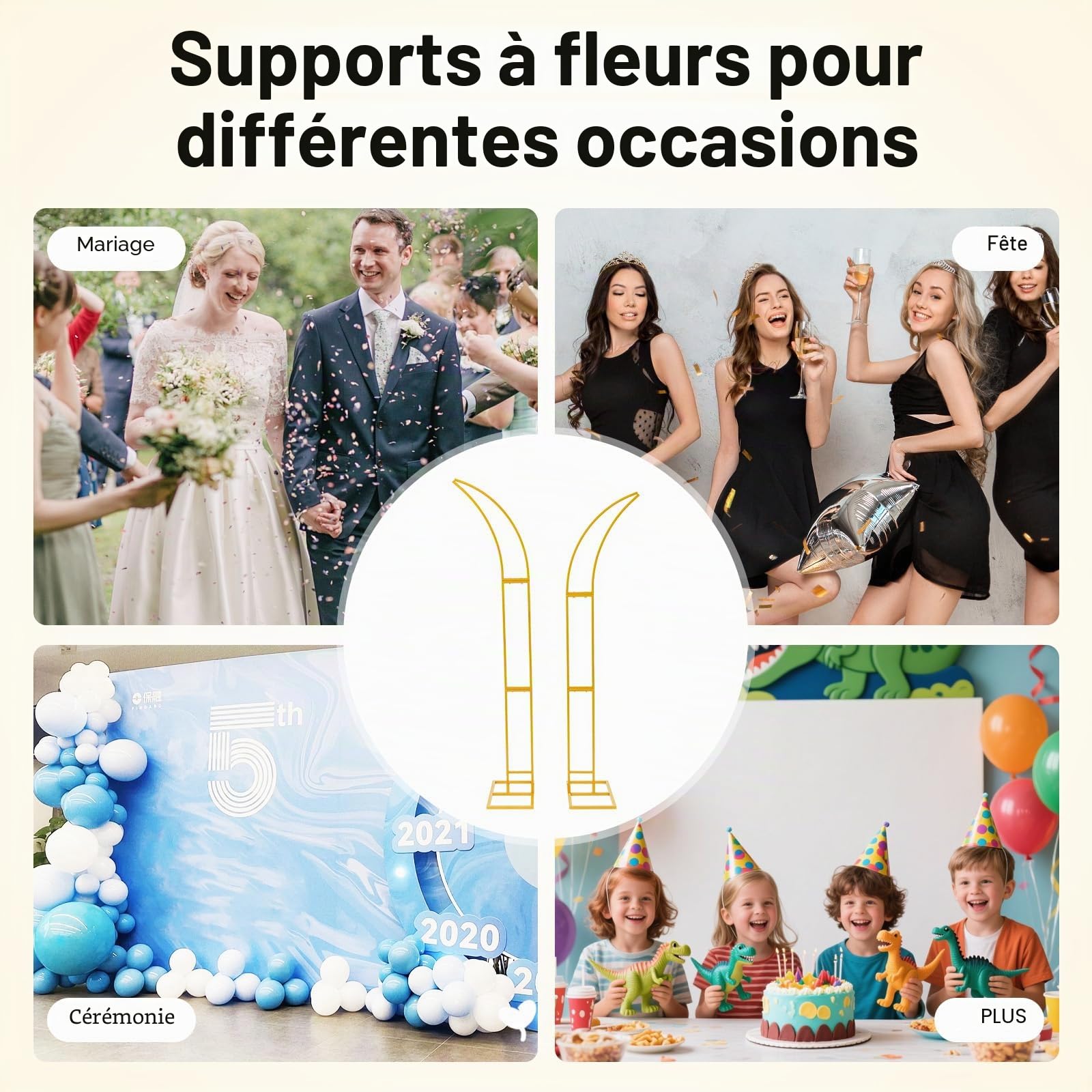 Support d'arche de ballon en métal - Demi-arc - 2,1 m et 1,9 m - Pour mariage, cérémonie, anniversaire, baptême de bébé, décoration de fête (doré)