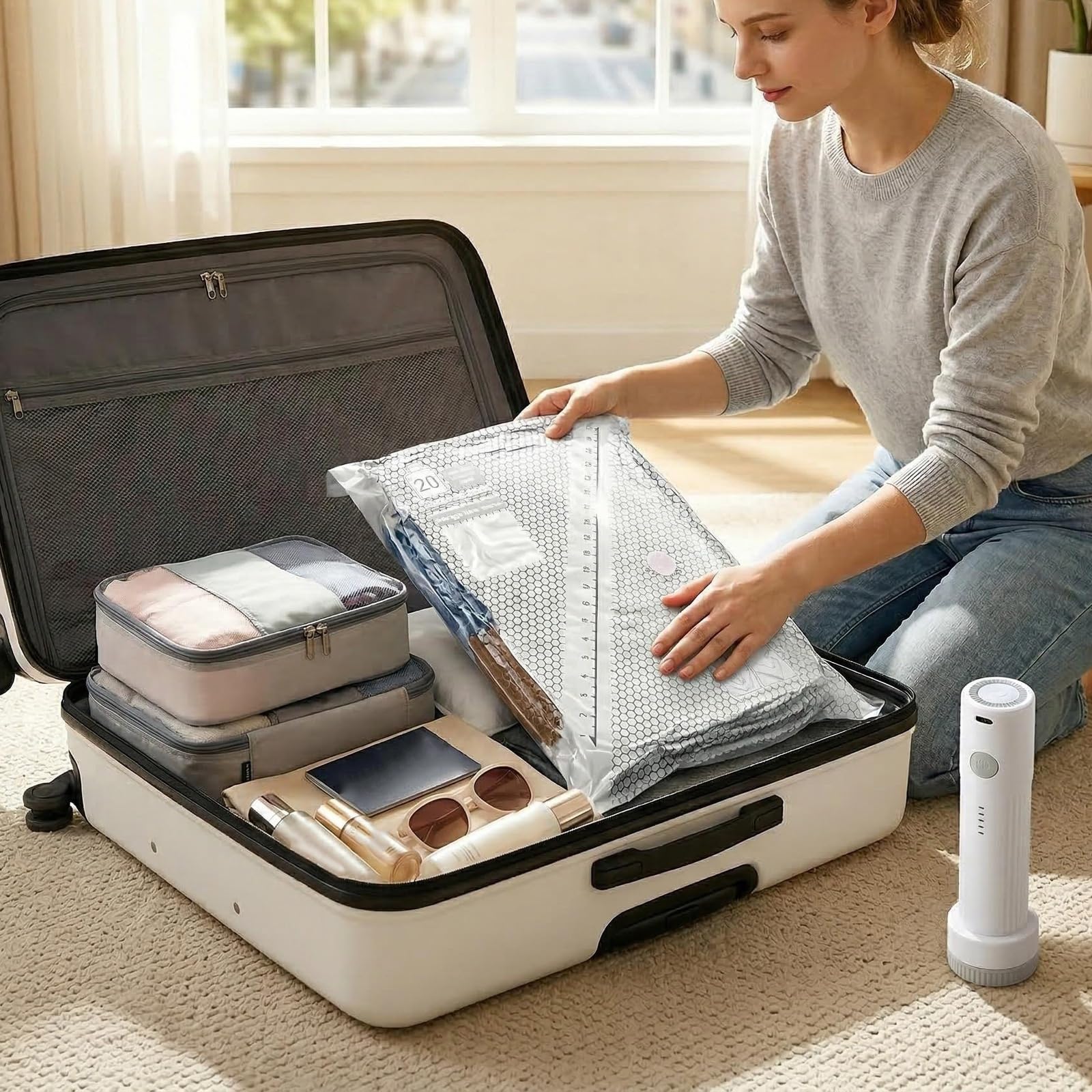 De 15 bolsas de almacenamiento al vacío para ropa con extractor manual y 3 tamaños para maximizar la eficiencia del espacio durante el viaje, el planificador imprescindible
