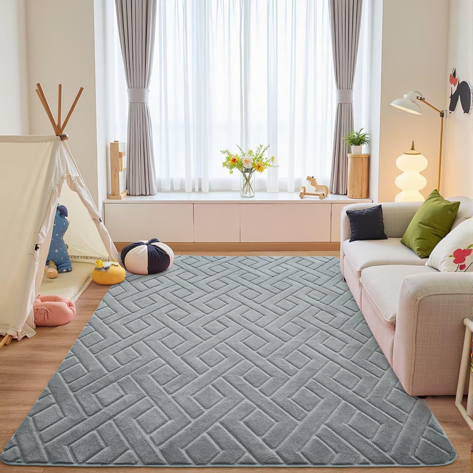 Alfombra de área lavable gris de 3 x 5 pies para dormitorio, alfombra geométrica moderna para sala de estar, alfombra gruesa y suave de espuma viscoelástica para habitación de niños