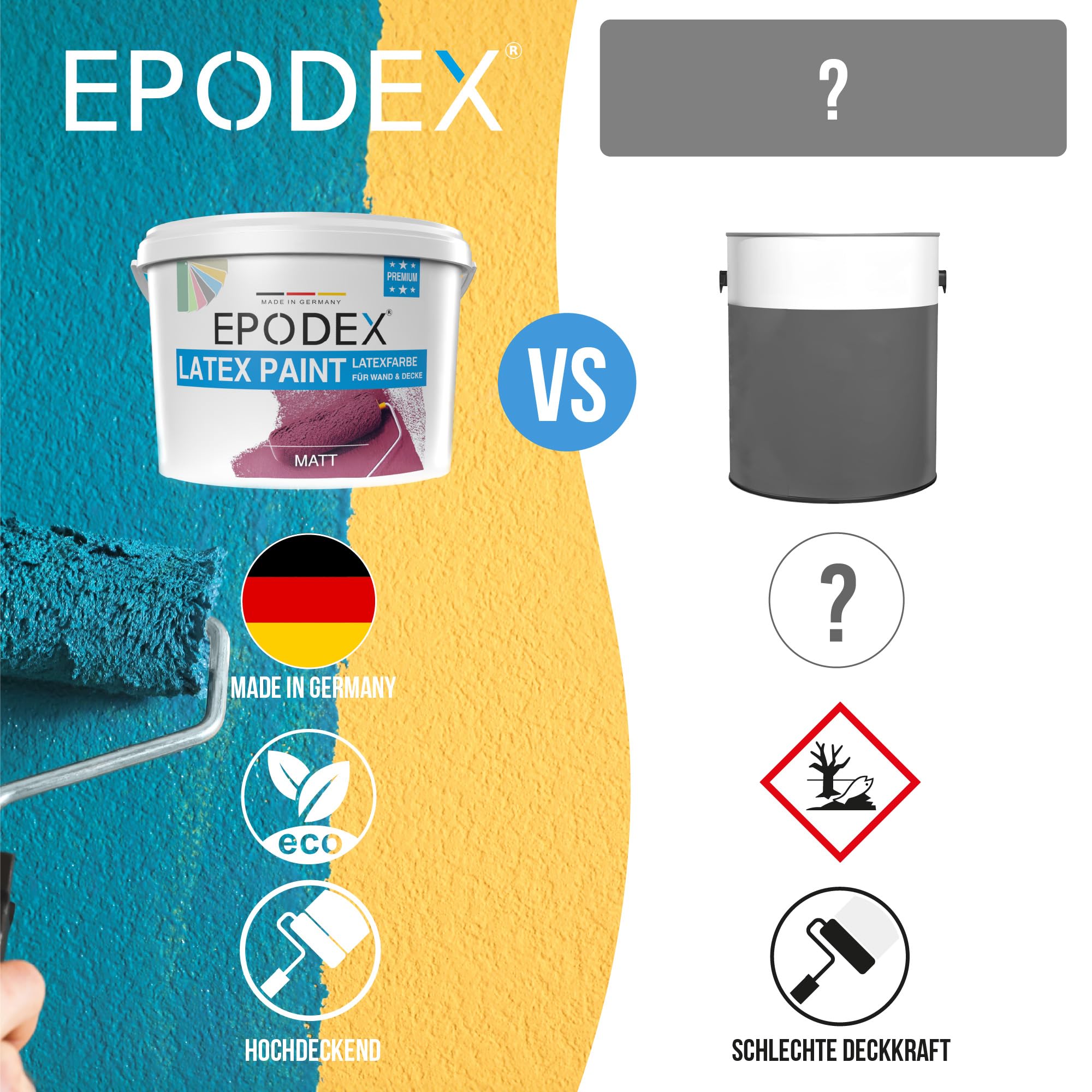 EPODEX Latexfarbe matt - Elfenbein – Pastell+ | Abwaschbare Wandfarbe, strapazierfähig, atmungsaktiv & geruchsneutral, Innenbereich, 3kg - 25m² bei einmaligem Anstrich