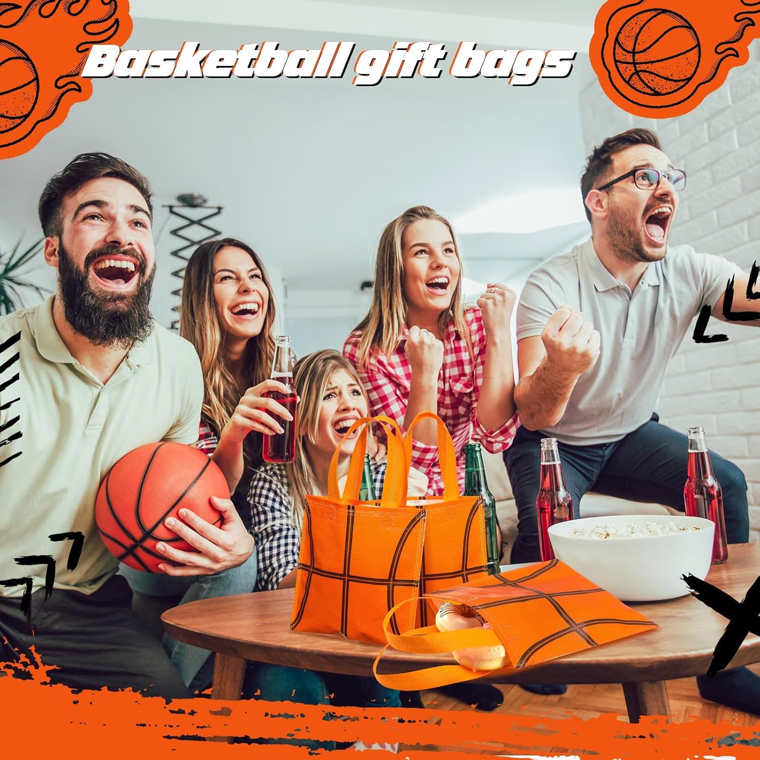 Sweetude 12 Pcs Basketball Party Gift Bags Sports Theme Candy Goodie Bags 7.8 x 7.8 Inch Basketball Non Woven Totes with Handles for Sports Party Favors Birthday Decor Supplies - Image 2