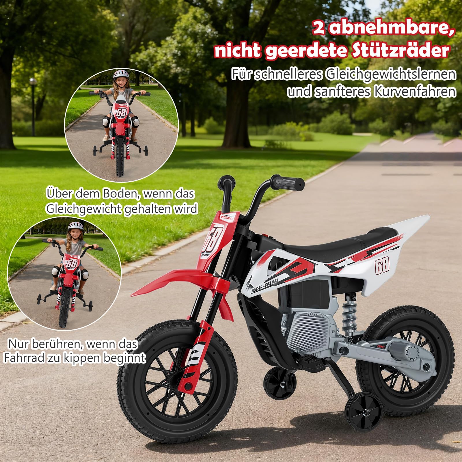 COSTWAY 12V Kinder Motorrad elektrisch, Eletromotorrad mit Fußpedalen & abnehmbaren Stützrädern, Kindermotorrad mit Musik, 3-5 km/h, Motorrad Eletro für Jungen & Mädchen ab 3 Jahre (Rot)