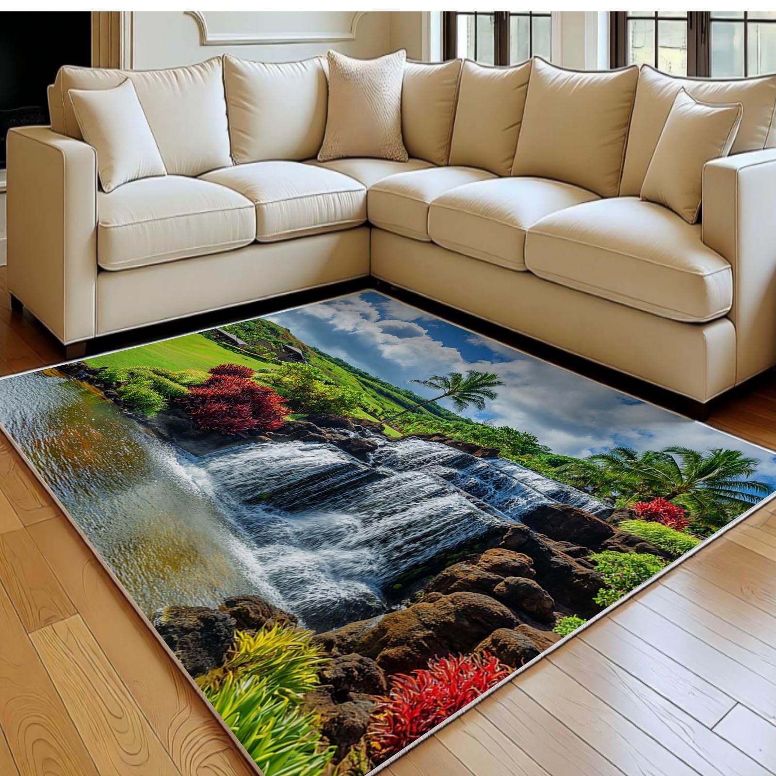 Tapis chambre paysage de cascade vert grand format pour ambiance zen