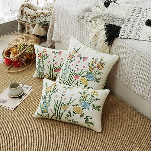 Miniatura 8 de Funda de almohada lumbar de hojas verdes de 12 x 20 pulgadas, funda de almohada con bordado floral bohemio, cuadrada, funda de cojín decorativa para