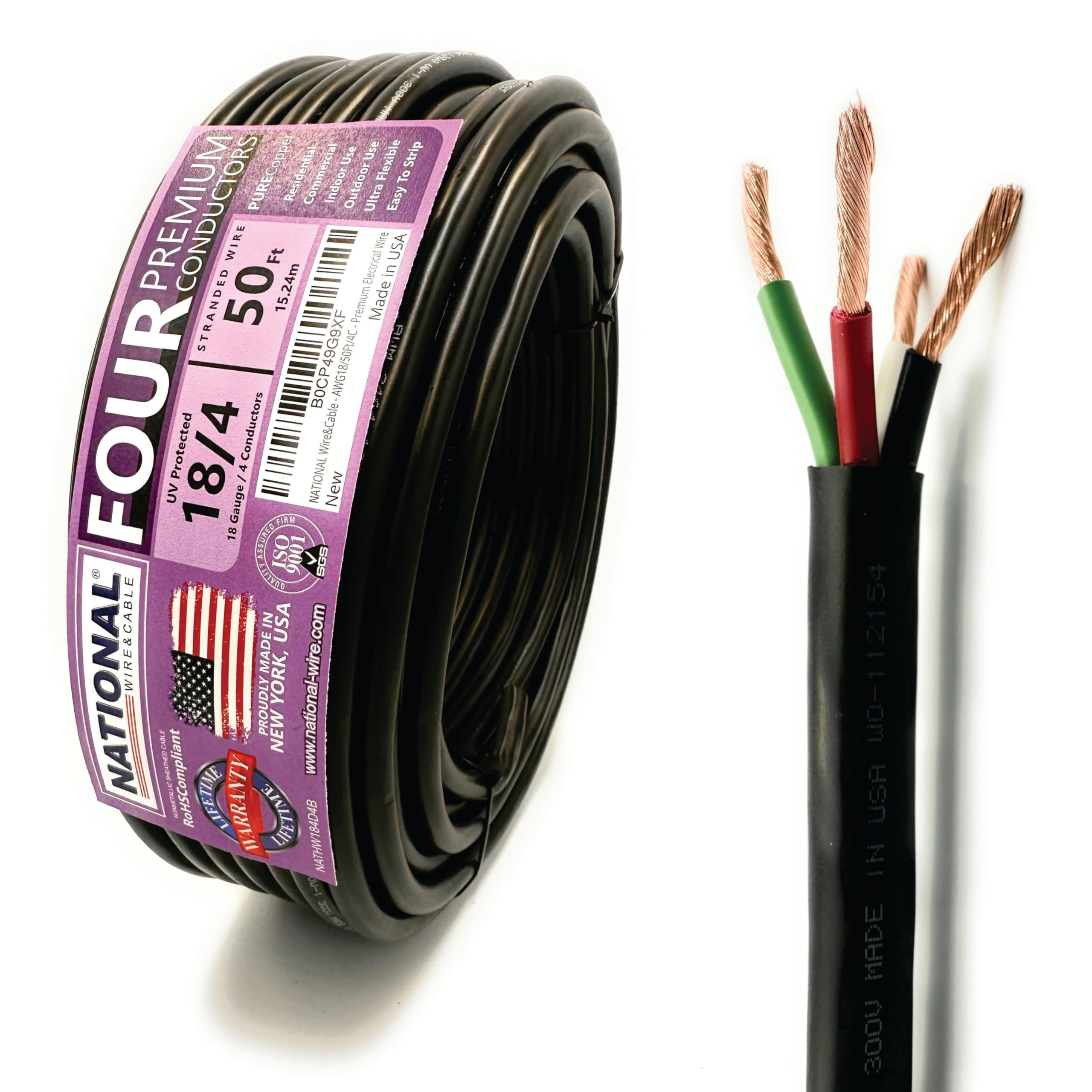 NATIONAL Wire & Cable – 18 AWG 4-Conductor Premium Copper Wire, 50 ft, Stranded | Made in USA, Flexible Jacket | LED Strips, Electronics, Low Voltage,