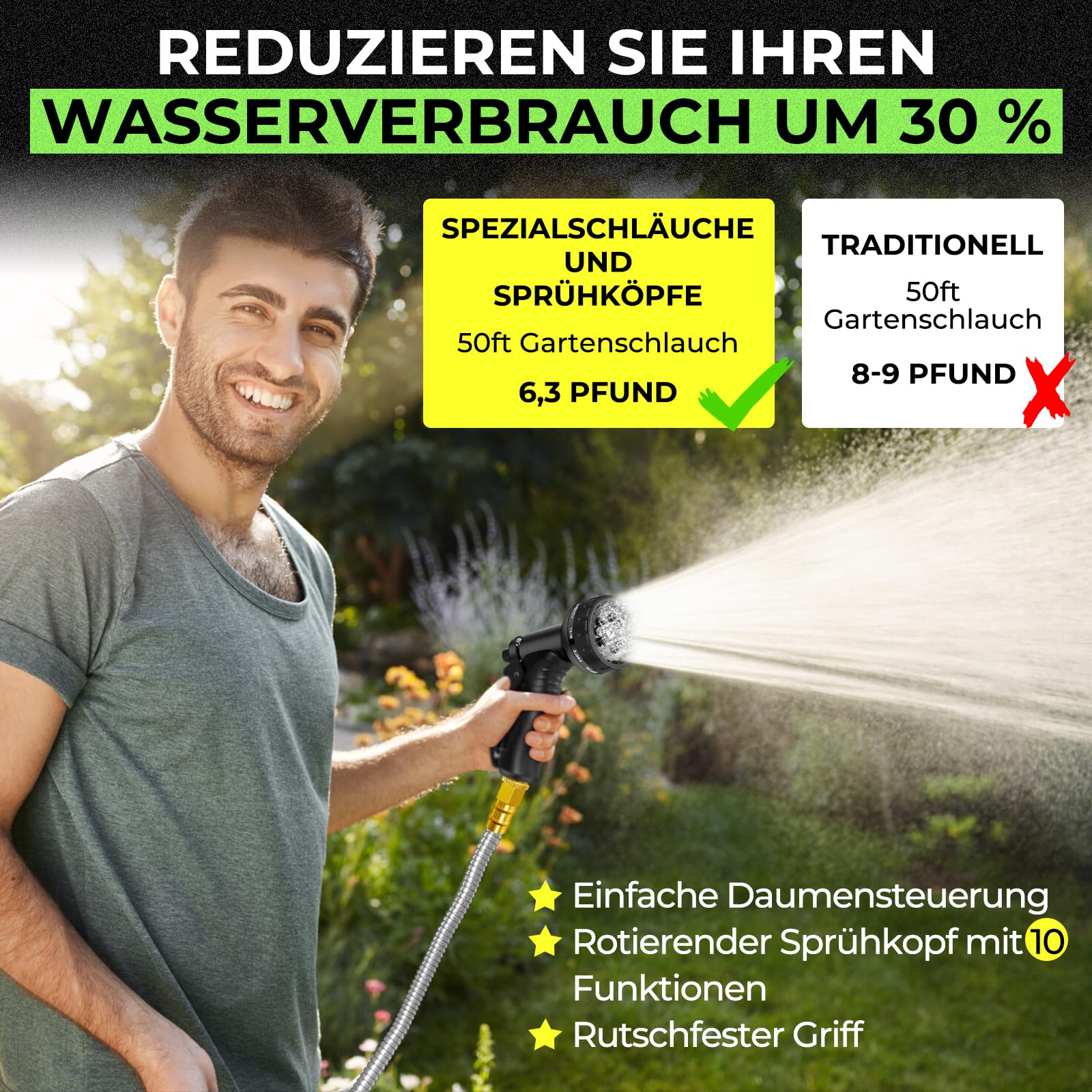 PURADAY Tubo da Giardino con Ugello Spray Argento 7,5 m in Acciaio Inox Tubo Acqua Giardino Tubo Irrigazione Giardino Tubi Per Irrigazione Da Giardino Per Piantare Piante Giornaliere