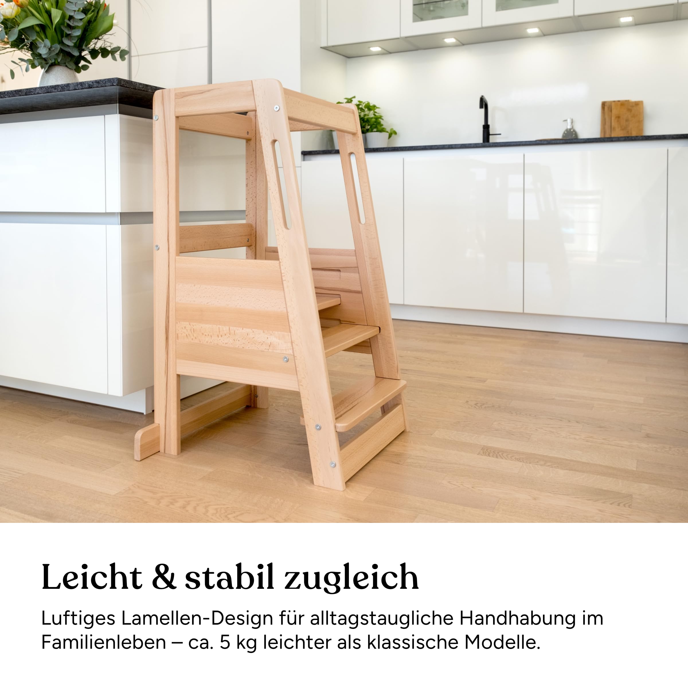 Ehrenkind® Lernturm mit Kleinkindstufe, höhenverstellbar 3-Fach, Montessori Küchenturm für Kinder ab ca. 1 Jahr, FSC®-zertifiziertes Buchenholz, Kitchen Helper, belastbar bis 40 kg, Klarlack
