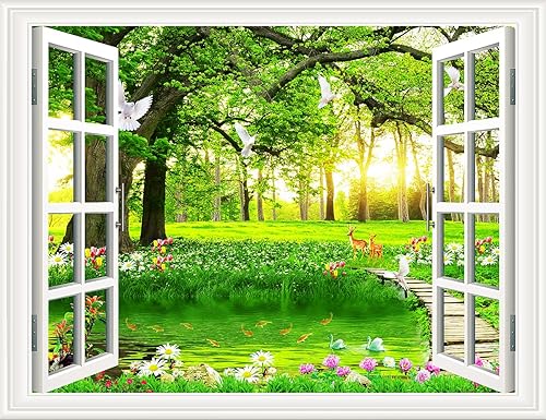 Pintura autoadhesiva 3D, calcomanías de pared falsas para ventana, isla tropical con palmeras, mural de pared, vista de ventana, decoración de pared