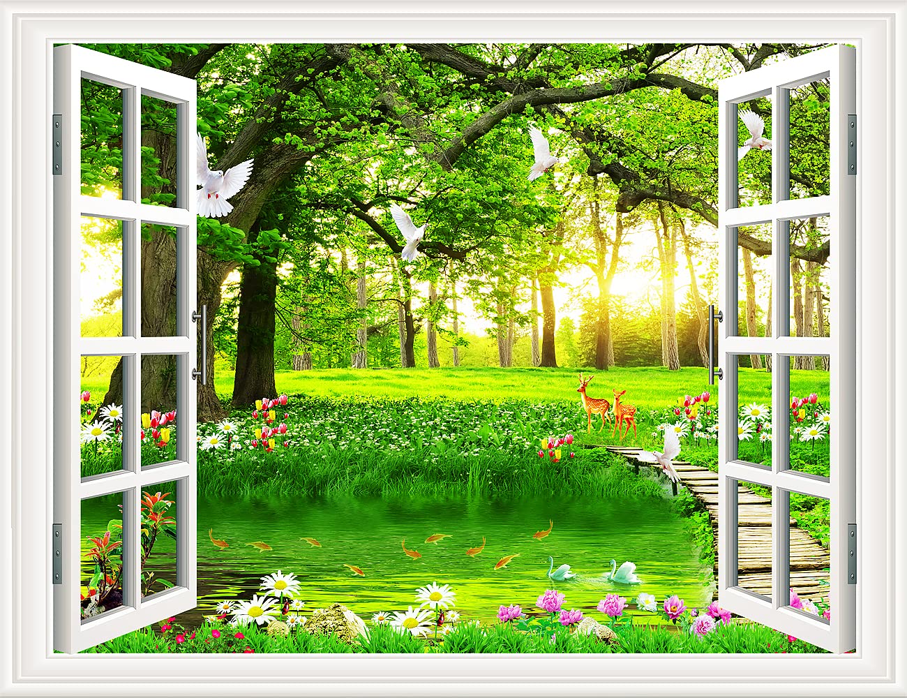 3D Self-Adhesive Painting Fake Window Wall Stickers Tropical Island with Palm Trees Wall Mural Window View Wall Decor for Home (17.3"×27.6", Big Tree)