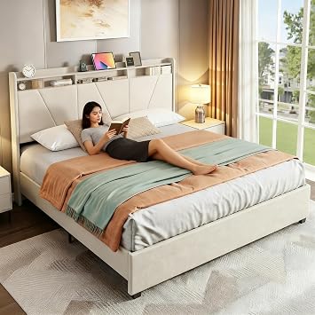 BedsPick King Size Bed Frame - 52" Velvet Upholstered Tall Headboard with 2-Layer Storage Shelves,Noise Free,Easy Assembly,No Box Spring Needed,Beige