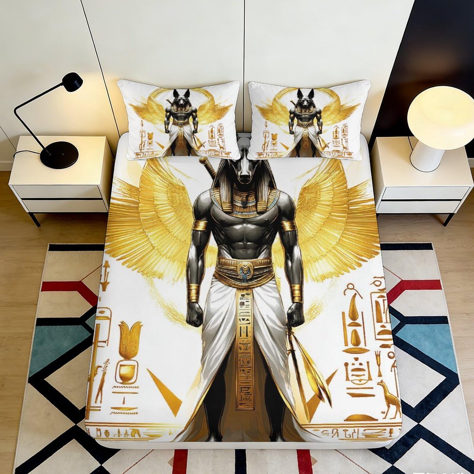 3D Printed Egyptian Pharaoh Fitted Sheet Microfiber Non-Slip Deep Pocket Egyptian Style Mattress Fitted Cover Bedroom Bedding 200x200x25cm