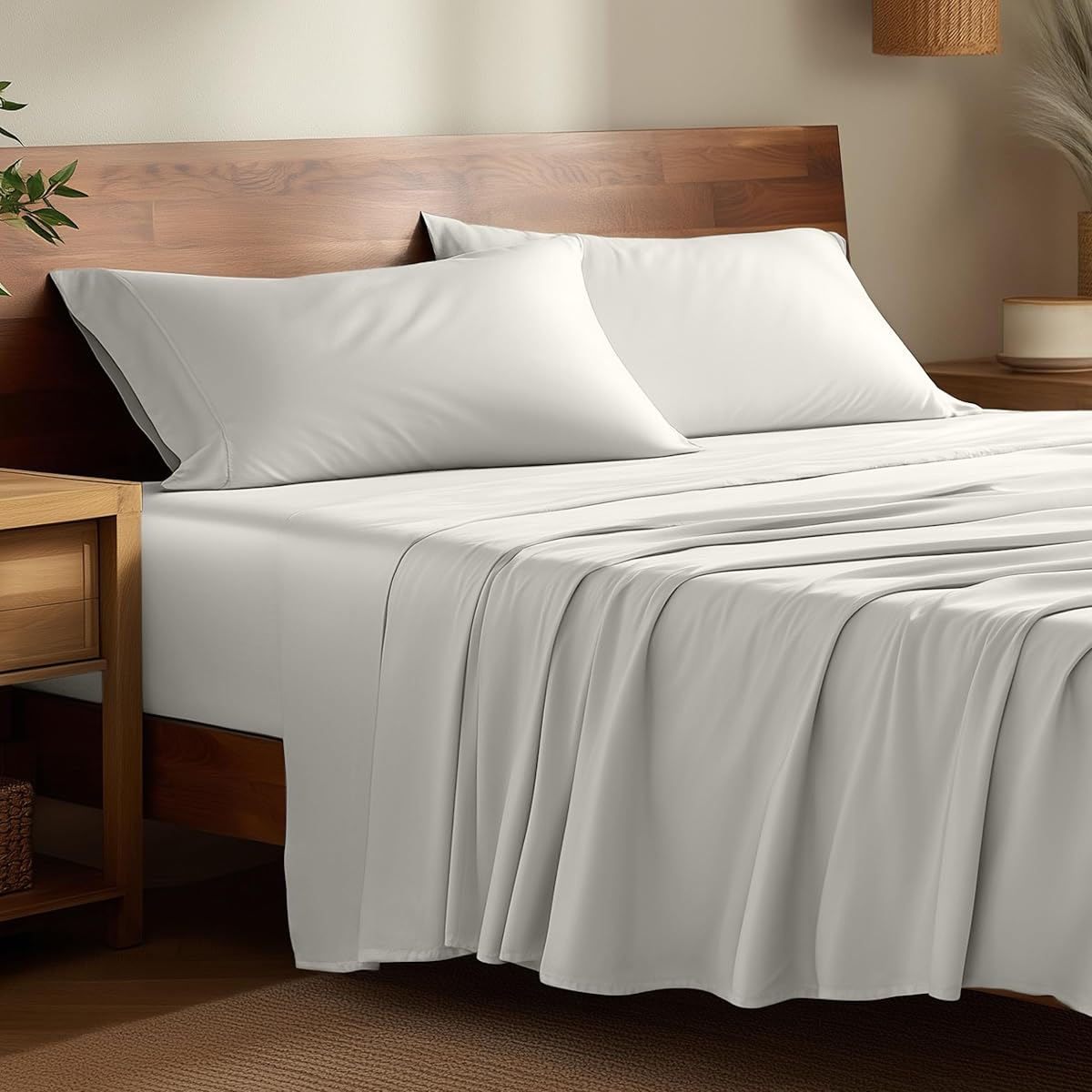 Bare Home 100% Rayon Made from Bamboo Split Head Flex King Sheet Set - 4 Piece Bedding Set - Deep Pockets - Breathable - Easy Fit - Bedding Sheets & Pillowcases (Split Head Flex King, Cream)