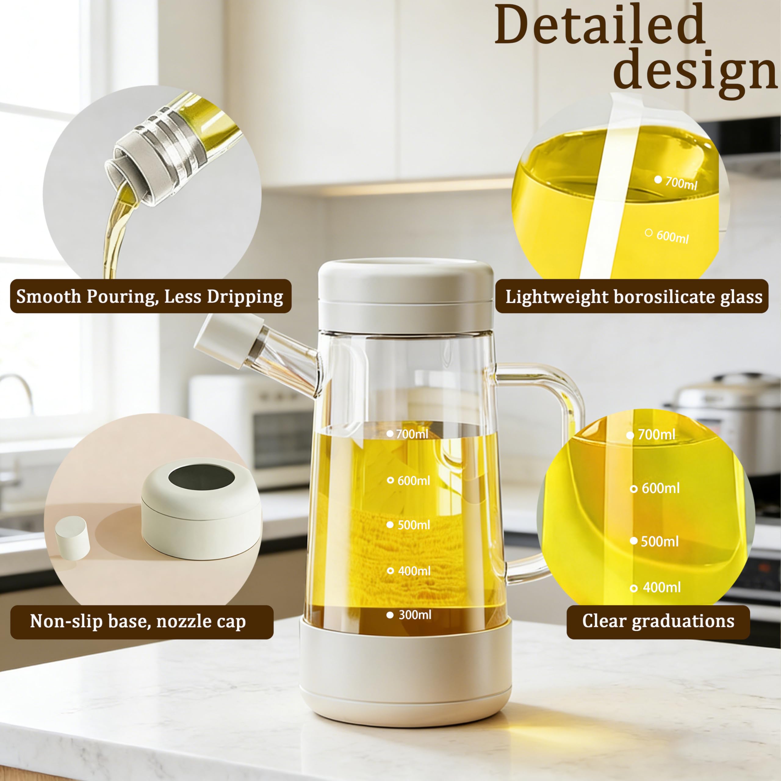 Bottiglia di olio in vetro, 650 ml, erogatore di olio con doppio anello, design a riflusso e bottiglia di olio d'oliva antigoccia, con manico e scala per casa, cucina, versare olio, aceto di