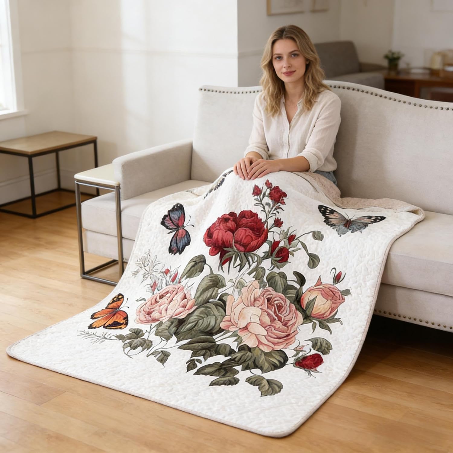 Boho Floral Spring Quilt Set Queen 3 Pcs Butterfly Rose Flower Bedspread Comforter Soft Lightweight Microfiber Bedding Set with 2 Pillow Shams for All Season (Butterfly Rose, Queen) - Image 4