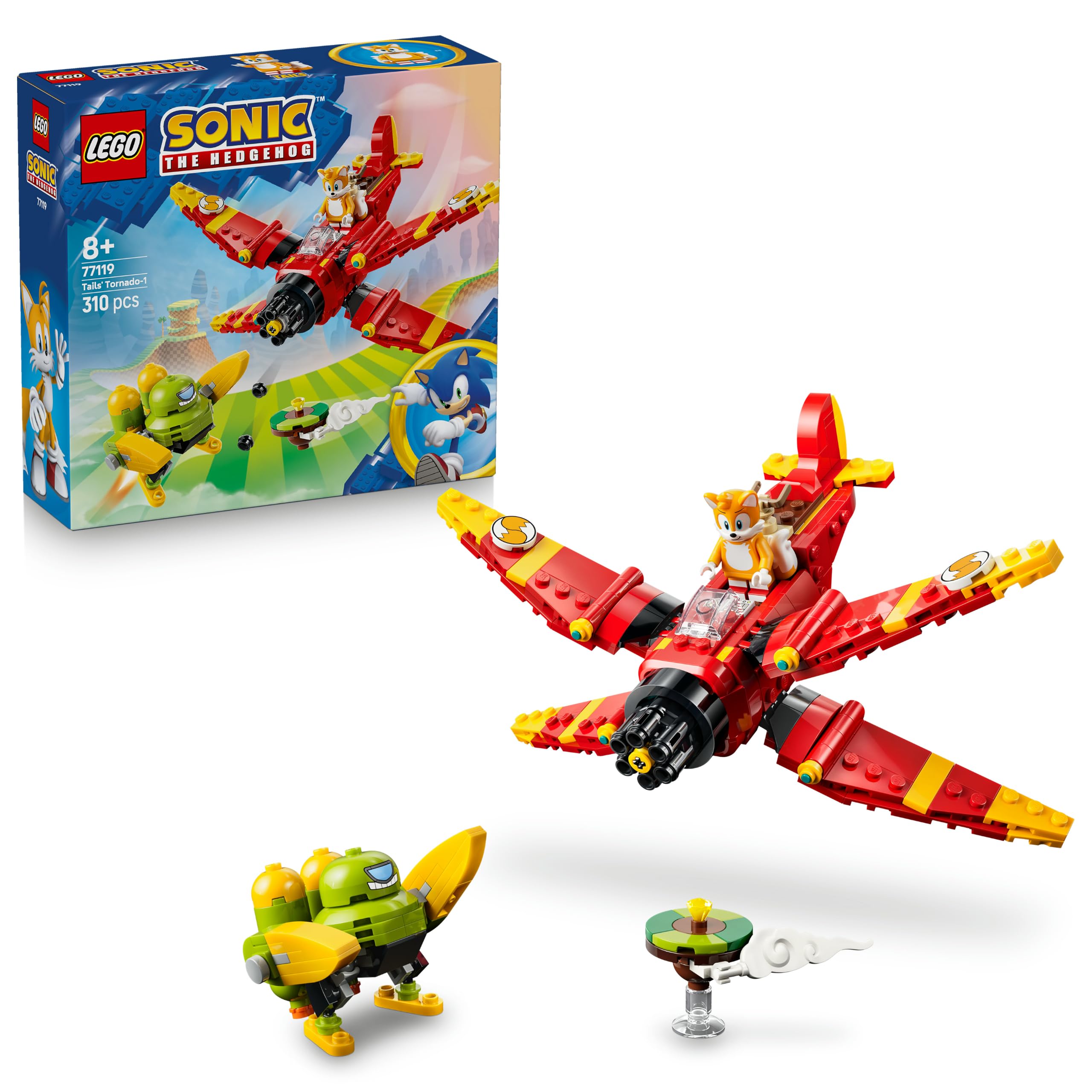 LEGO Sonic the Hedgehog Tails' Tornado-1 Plane Toy - Badnik Figure, Tails Minifigure & Chaos Emerald - Gaming Gift for 8+ Year Old Boys & Girls - 77119