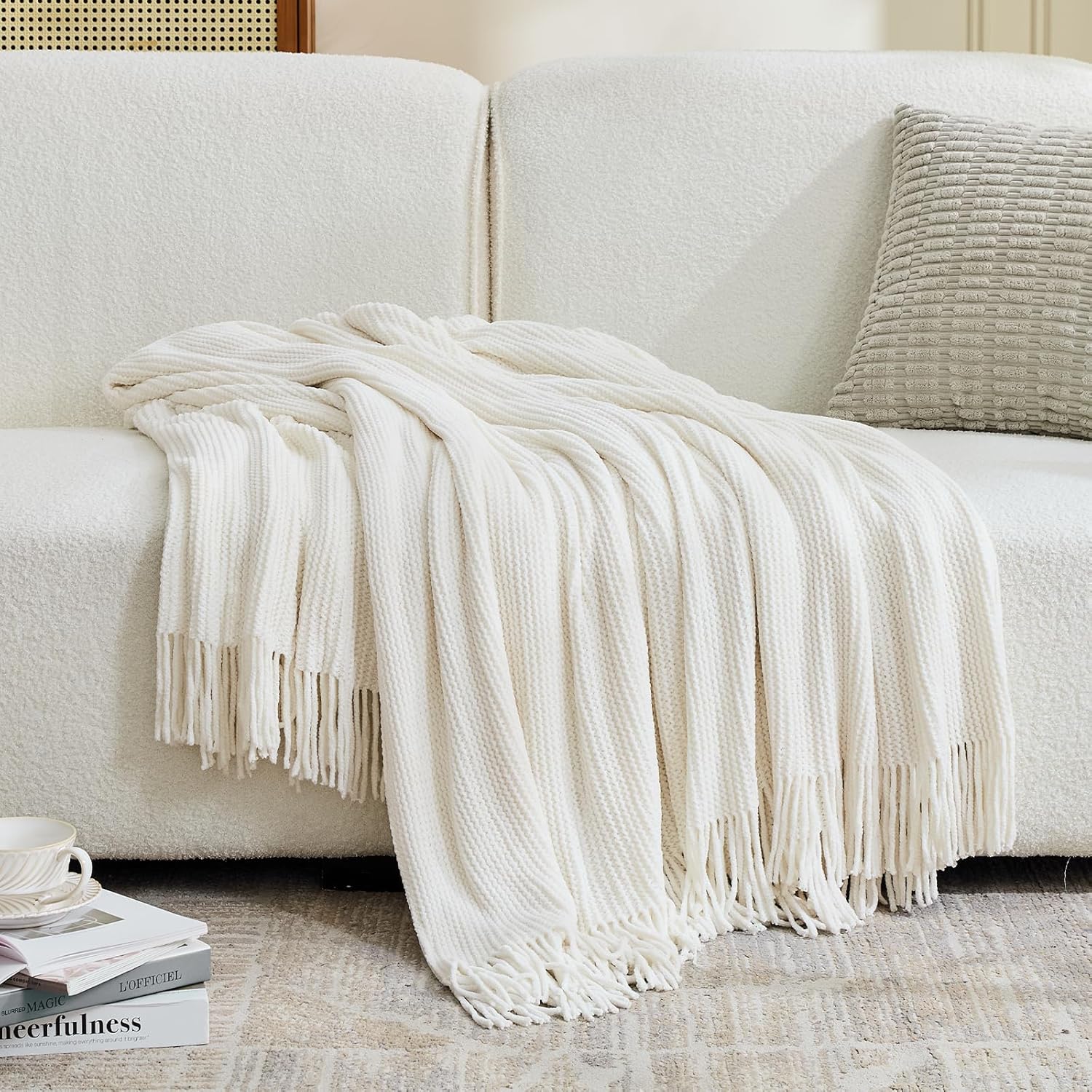 inhand Throw Blanket for Couch Bed,Chunky Chenille Woven Soft Blankets with Tassels, Cozy Boho Farmhouse Fall Winter Decor,Warm for Women,60"x80",Medium Thick-Off White - Image 7