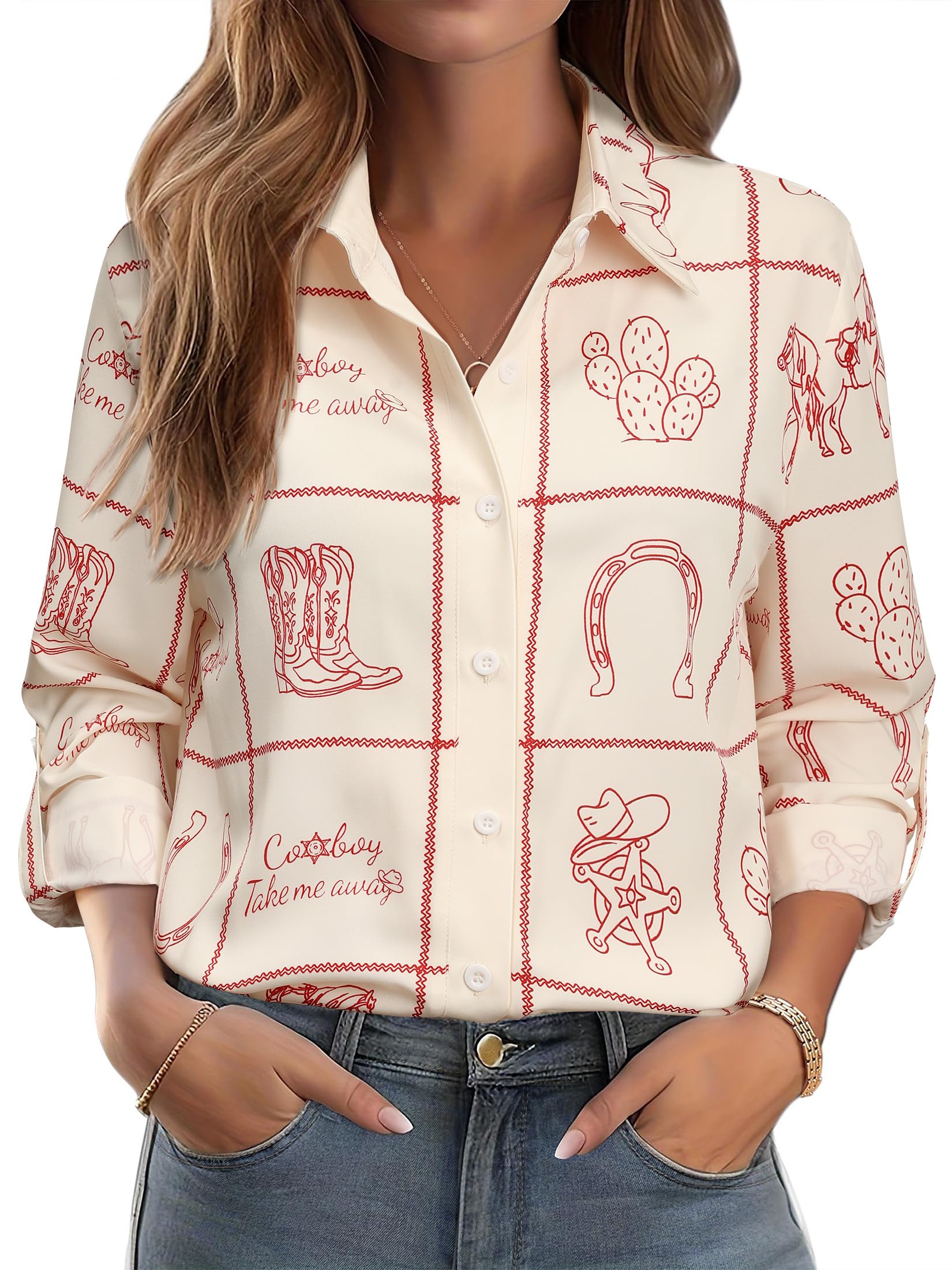 MYMORE Women's Western Cowgirl Rodeo Print Shirt Top