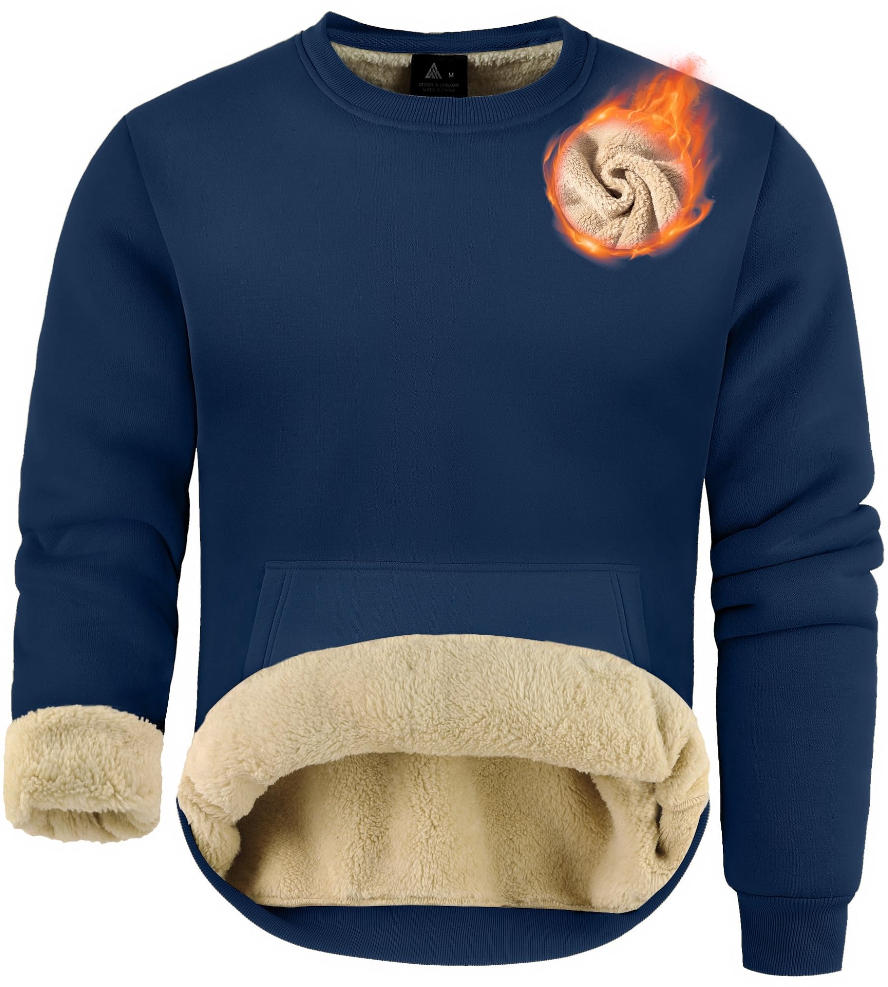 Men's Sherpa Lined Sweatshirt Heavyweight Fleece Crewneck Sweatshirts Kangaroo Pocket Thick Winter Long Sleeve Pullover