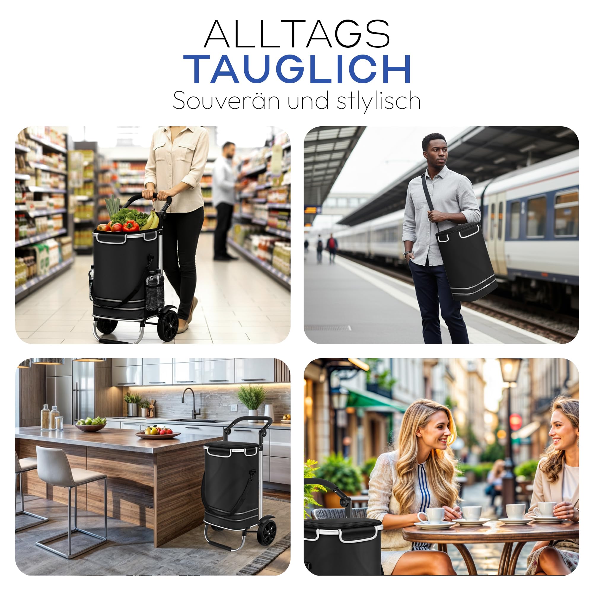 Dimono® Einkaufstrolley Klappbarer 3 in1 Trolley zum Einkaufen; 56 Liter inkl. Kühlfach; Transportwagen Shopping-Trolley Einkaufswagen Einkaufstasche (Schwarz) (Schwarz)