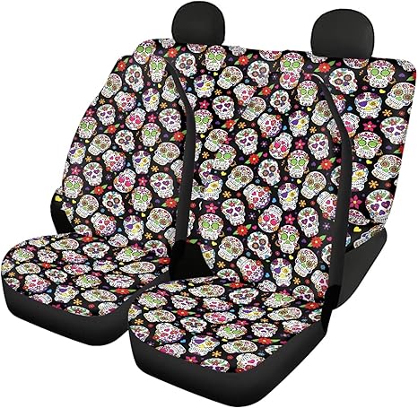 Foruidea Car Seat Cover Full Set Day of The Dead Sugar SKU Car Seat Covers for Car Auto Seats Protector Front and Rear Bench Seats Fit Most Cars,SUV,Sedan,Trucks