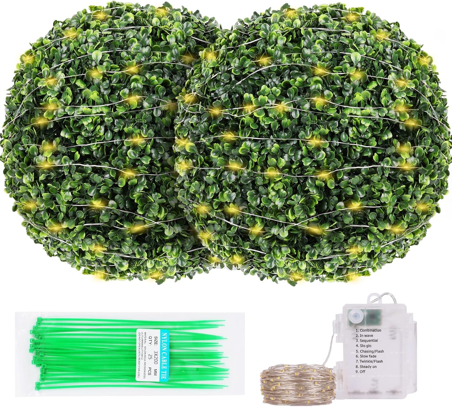 2 Pack 15" LED Boxwood Topiary Balls with Dense 8-Layer Foliage, Faux Boxwood Plant Artificial Outdoor Plant Decorative Balls with Waterproof String Lights for Garden, Balcony, Patio Decor 15in with LED Light