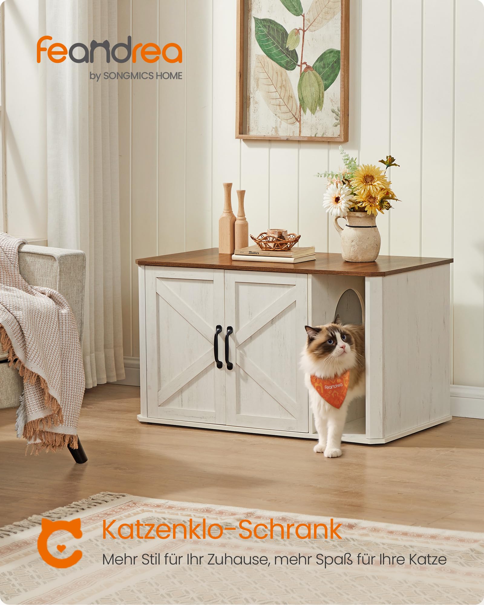 Feandrea Katzenhaus, Katzenklo-Schrank modern, Vordereingang, mit Doppeltür und Griffen, als Sideboard, 85 x 48,5 x 50 cm, honigbraun-vintageweiß PCL012K01