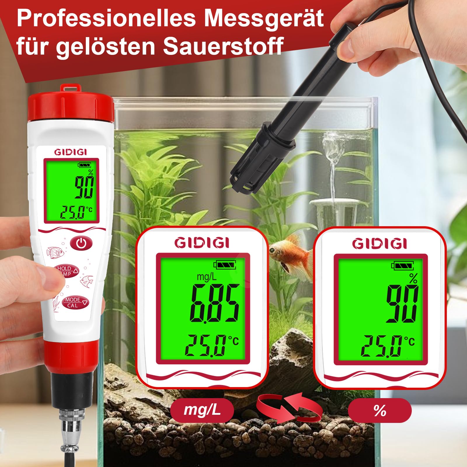 Digitales Messgerät für gelösten Sauerstoff, GIDIGI Intelligenter Tester für gelösten Sauerstoff mit ATC,DO tester mit 9.84ft langem DO Sondenkabel,Testkit für gelösten Sauerstoff für Aquarien,Teiche