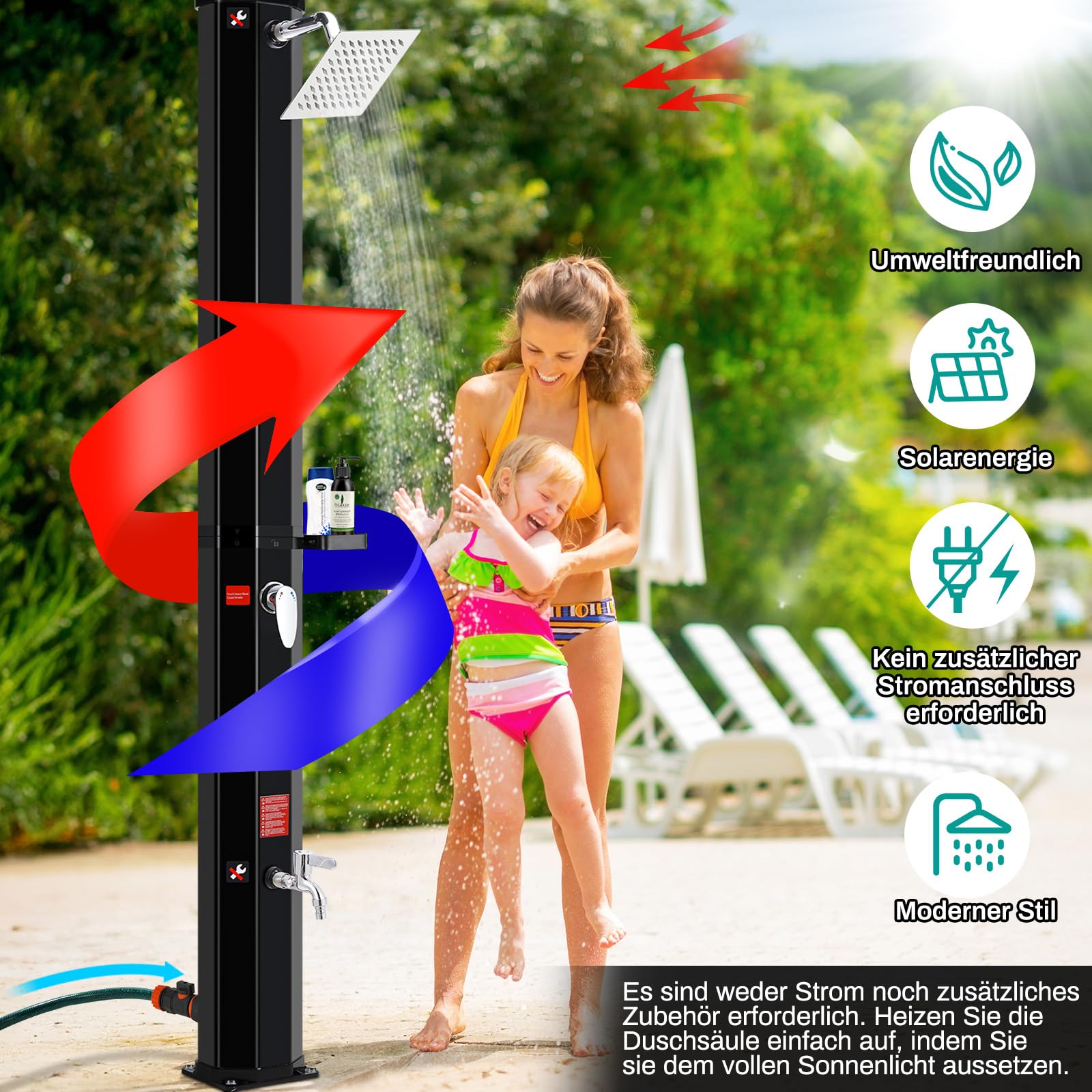 Ducha Solar 60 litros, Ducha de Jardín con Cabezal de Ducha, Grifo, Caja de Jabón y Cubierta Protectora, Temperatura del Agua hasta 60°C, Ducha de Piscina Camping sin Conexión Eléctrica