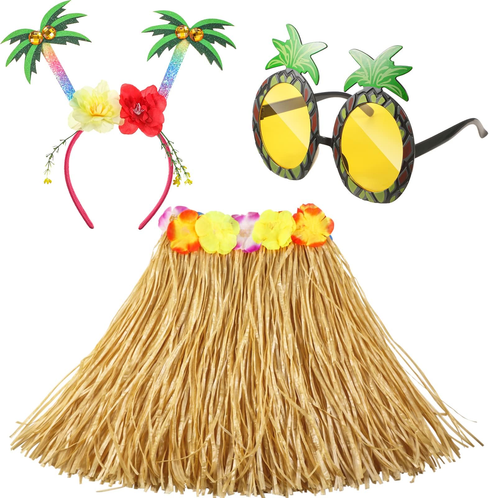 Janmercy3 Pcs Hawaiian Luau Party Outfits Set Tropical Grass Hula Skirt Glitter Sunglasses, Coconut Tree Headbands for Girls Women Beach Birthday