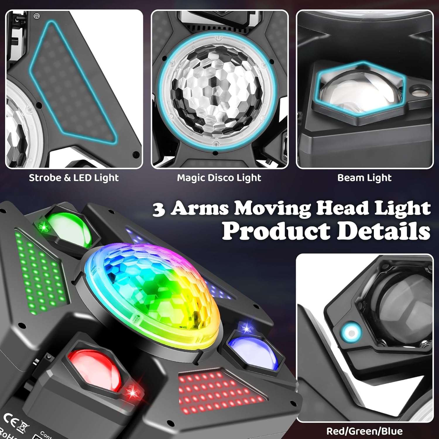 Moving Head DJ Light with RGB Starlight & Kaleidoscope,3 Arms Rotating Stage Lights with DMX512 540°X/180°Y Rotation, Luces para DJ Disco Ball Light Support Remote & Sound Activated for Wedding Bar