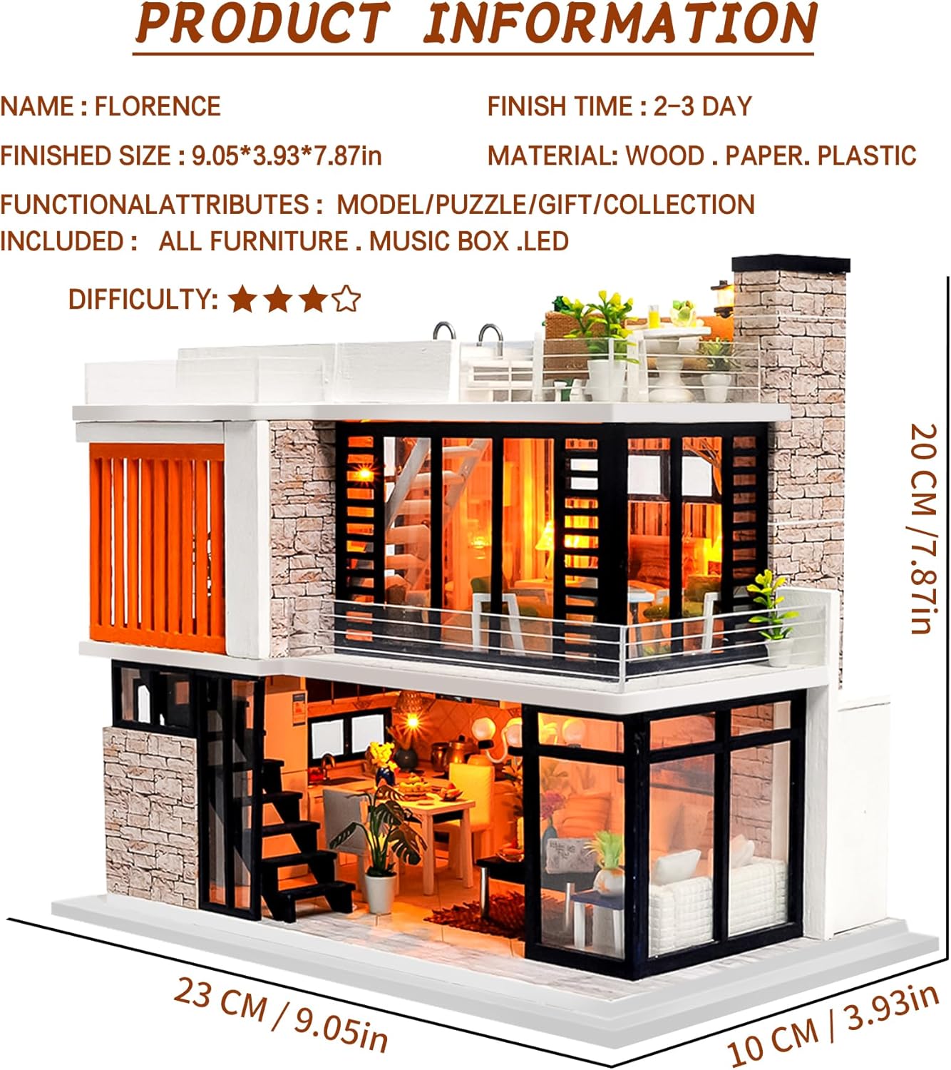 Spilay Dollhouse Miniature with Furniture,DIY Kit Mini Modern Villa Model with Music Box,1:24 Scale Creative Doll House Best Christmas Birthday Gift for Lovers Boys and Girls(Florence)