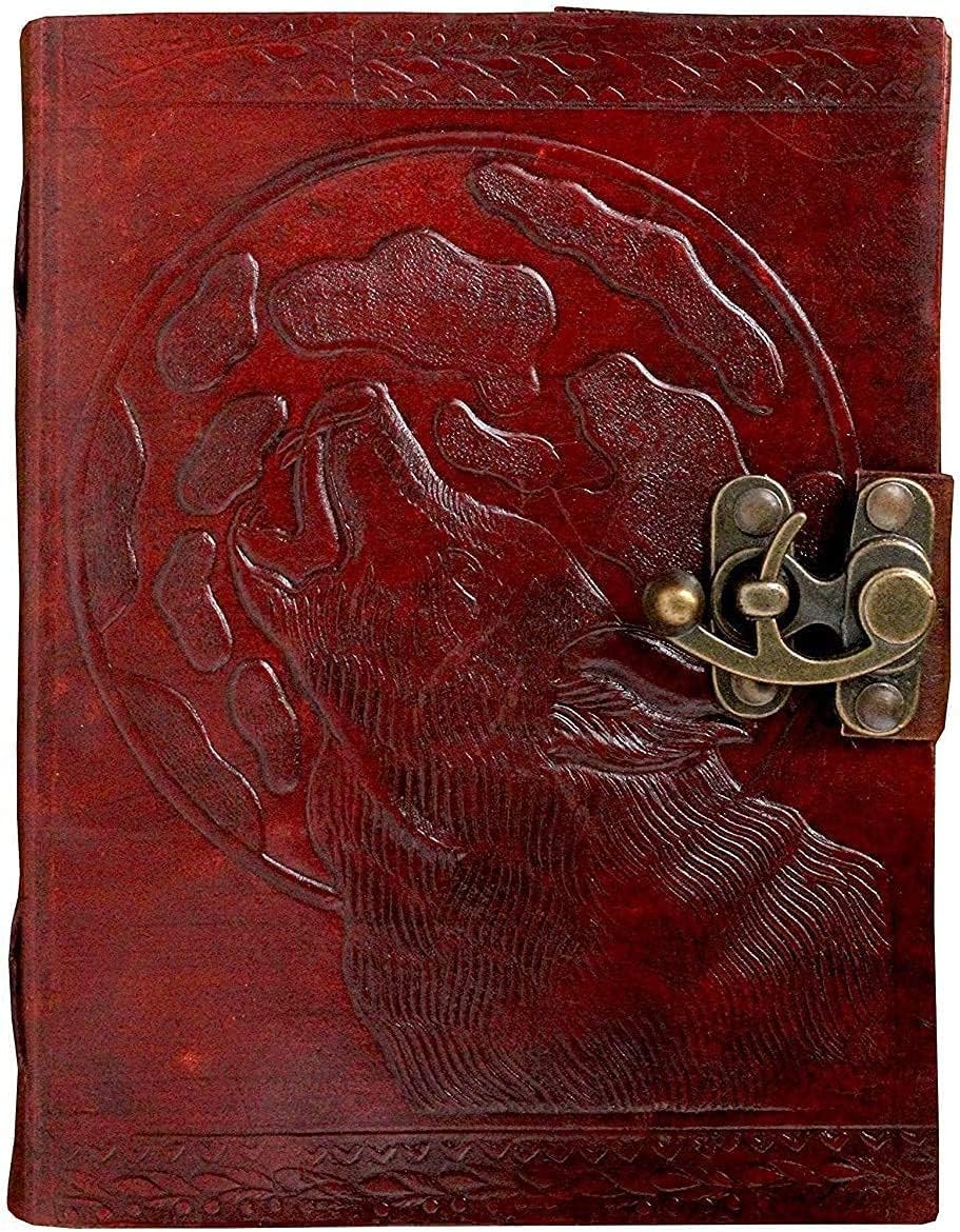 OVERDOSE Wolf Leather Journal With Brass C-Lock - Handmade Journal For Students, Office Bound Leather Journal for men & women | Sketchbook| Notebook Diary - 5 x 7 inches | 12 x 17 cm | A6