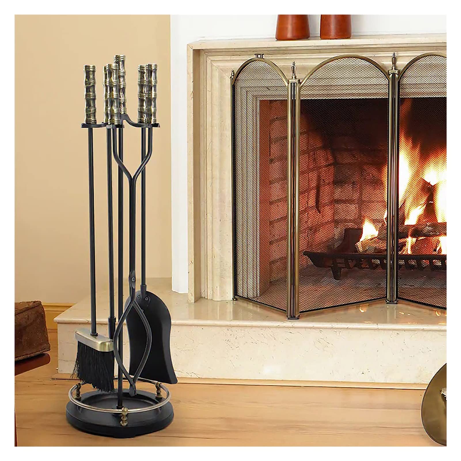 Juego de herramientas para chimenea de 5 piezas con asas de latón, póker de hierro fundido, escoba, pala de ceniza y pinzas para mantenimiento de chimeneas en interiores y exteriores