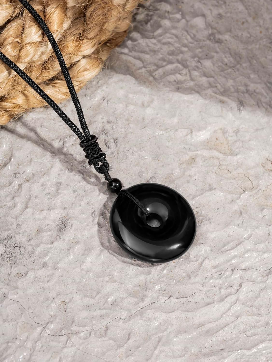 MINACHI Black Obsidian Geometric O Ring Circle Pendant Necklace with Braided Cord, Protective Amulet Jewelry Gift for Men and Women - Image 3