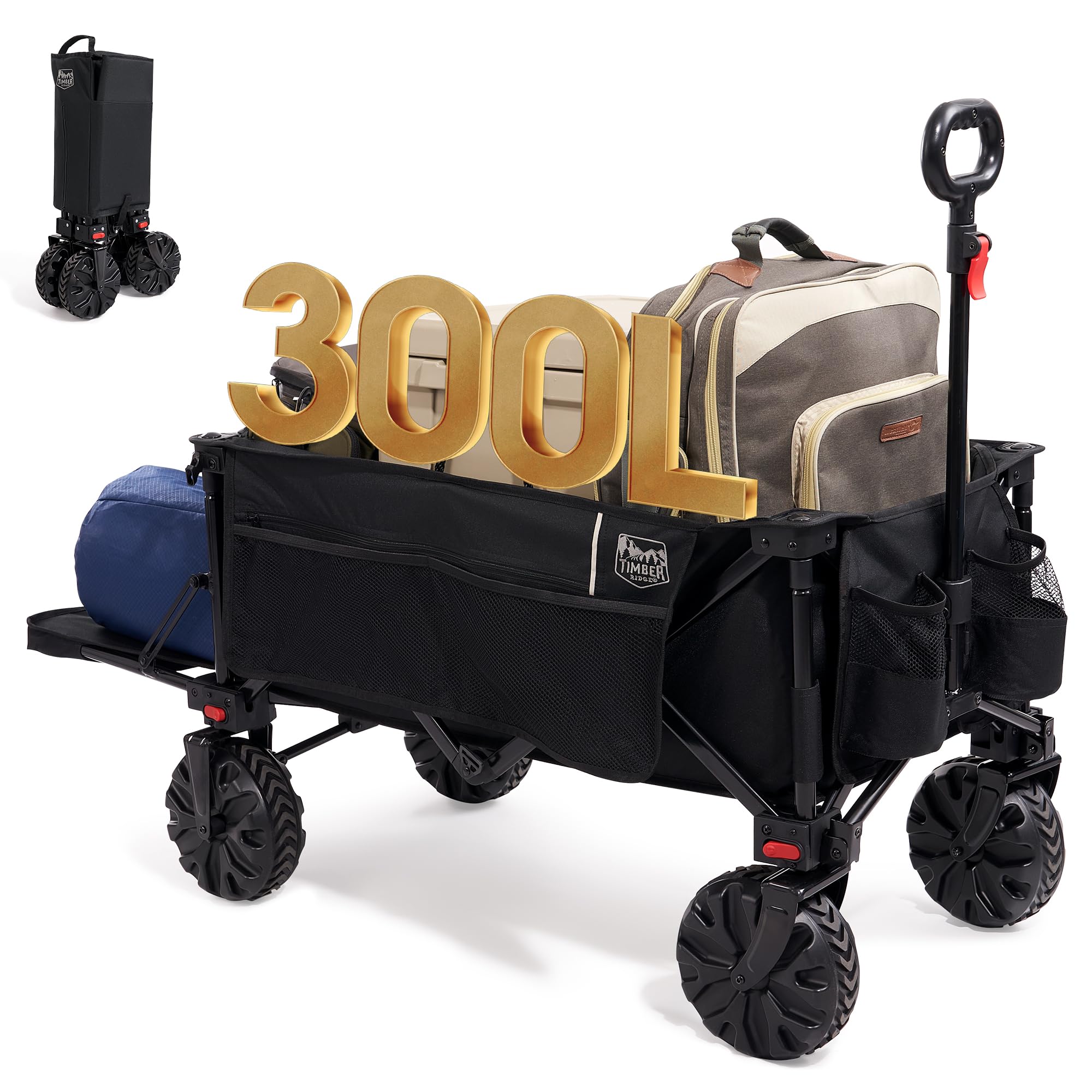 TIMBER RIDGE Carro de Playa Plegable XXXL con Portón Trasero 135 kg Carro Plegable Resistente con Ruedas Anchas Desmontables y asa Ajustable para Acampar al Aire Libre Jardín Compras Negro
