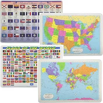 Painless Learning Educational Placemats for Kids USA Map World Map State Flags World Flags Laminated Washable
