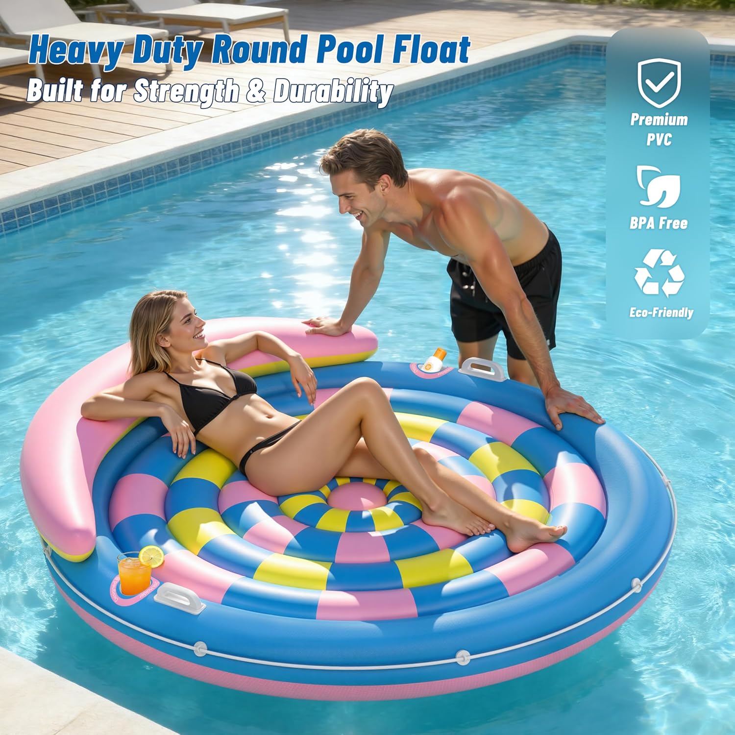 Condition photo showing New/Like New for josen pool floats adult, inflatable tanning pool - extra large pool floats for adults heavy duty, round pool rafts, river lake floaties water floats with cup holders colorful plaid
