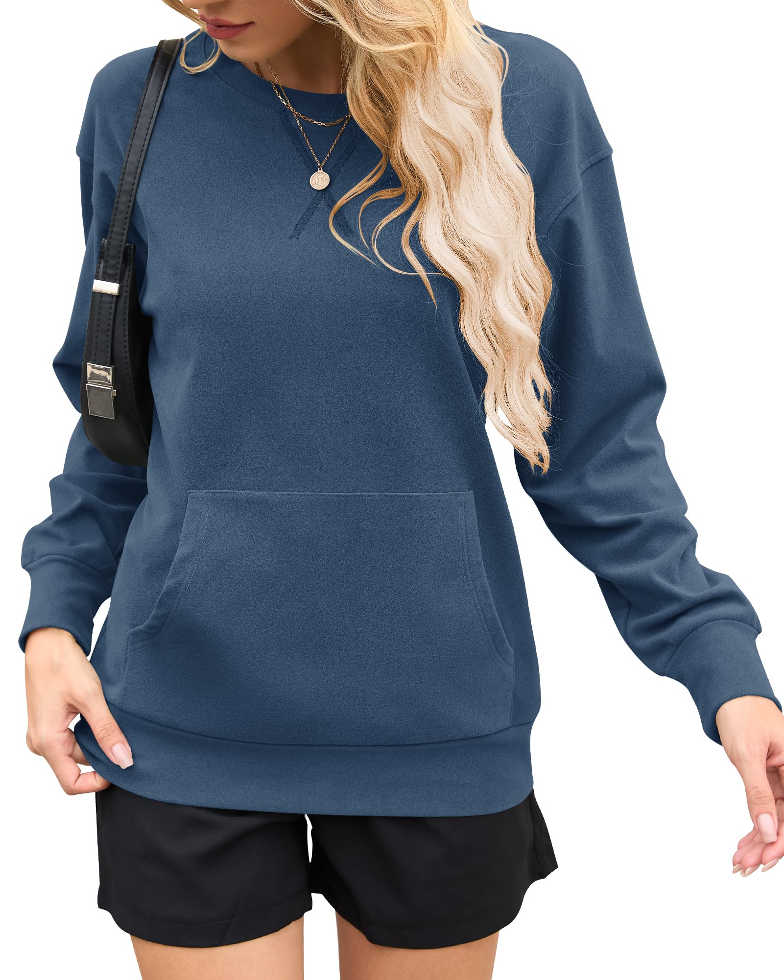WNEEDU Sweatshirt for Women Crewneck Long Sleeve Pullover Tops Casual Oversized Hoodless Hoodies Shirts with Pockets 2025