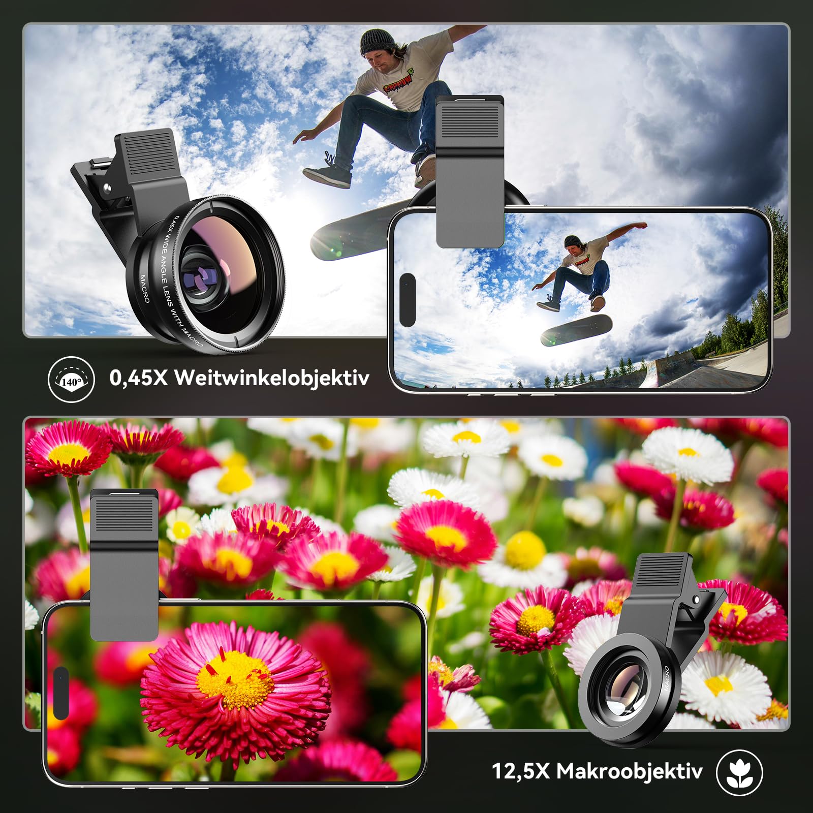 Evil Eye Universal Handykamera Objektiv Set, 0,45X Weitwinkel & 12,5X Makro mit Universalclip, Kompatibel mit iPhones & Android-Smartphones, Ideal für Reisen, Alltag & Social-Media-Fotografie