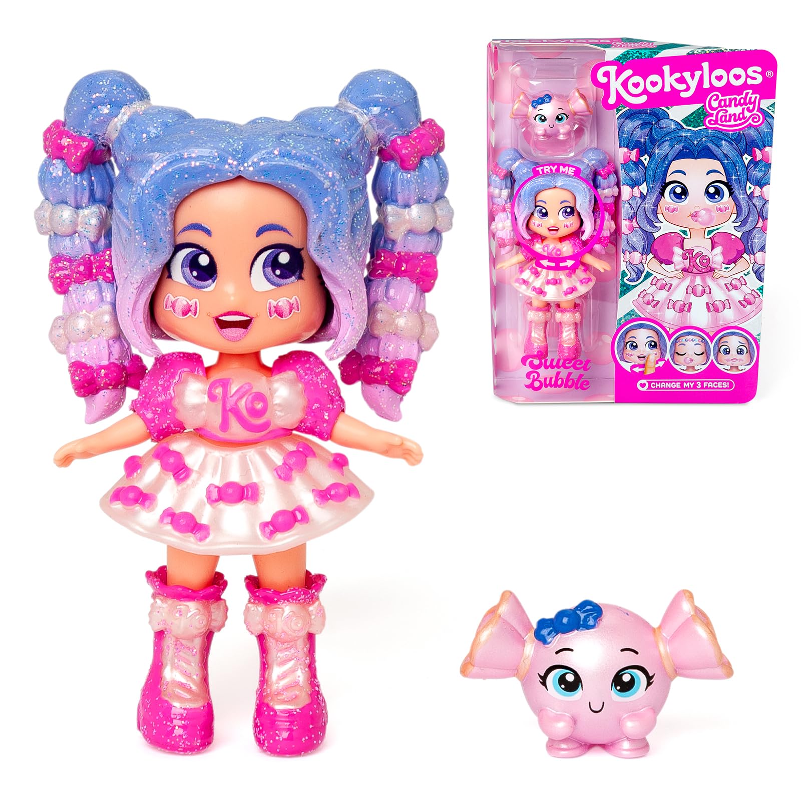 KOOKYLOOS Candy Land Series SWEET BUBBLE – laleczka do kolekcjonowania z serii Candy Land, zawartość: 1 lalka, zestaw ubrań i butów, akcesorium oraz zwierzątko,1 lalka ma 3 różne buzie!
